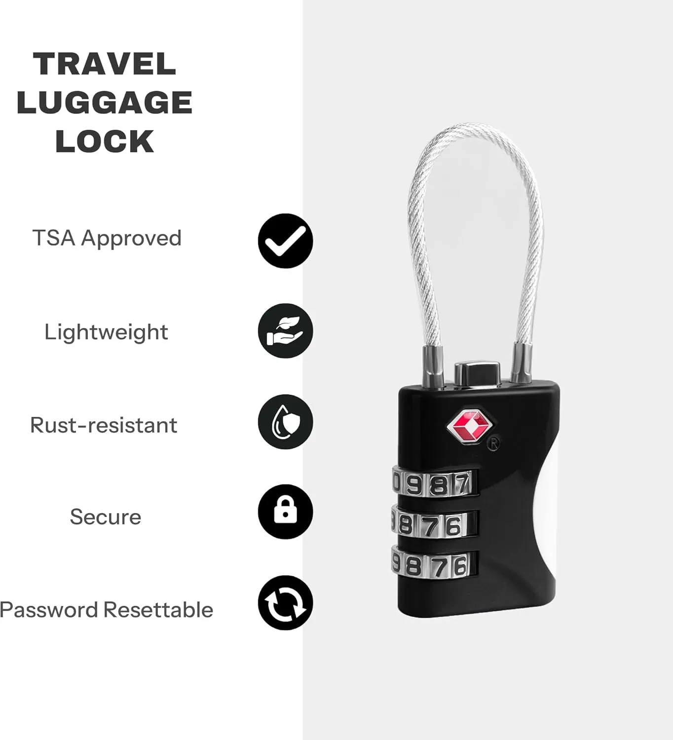 TSA Locks for Luggage, Small Combination Lock with Cable, Luggage Locks TSA Approved, Combo Lock for Suitcase, Cabinet, Gym Locker, Backpack, Small Padlock for Travel Essentials (Black)