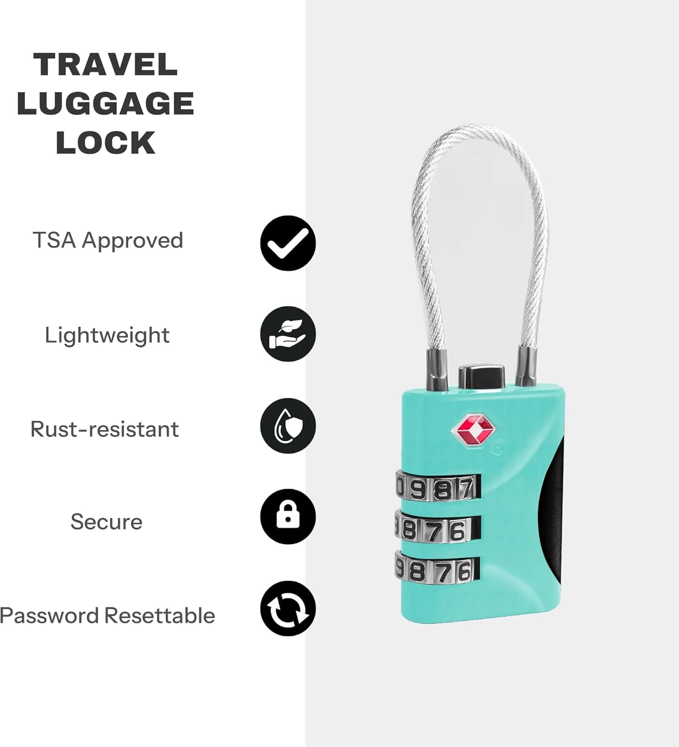 TSA Locks for Luggage, Small Combo Lock with Cable for Suitcase, 3 Digit Combination Locks for Gym Locker, Cabinet, Gun Case, TSA Travel Safe Padlock with Code for Backpack, Zipper (Green)