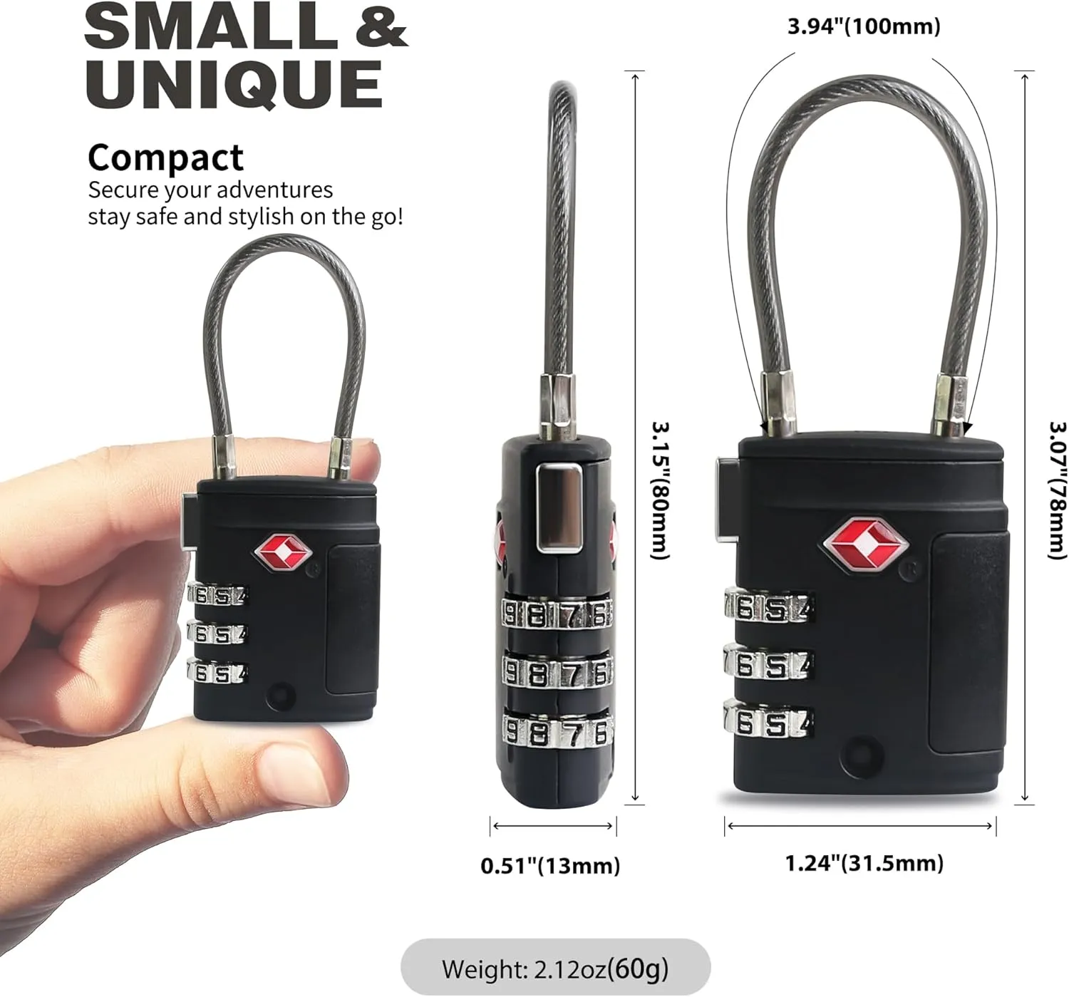 TSA Locks for Luggage, Small Padlock Combination, Luggage Locks TSA Approved, Combo Padlocks with Cable for Suitcase, Gym Locker, Backpack, Gun Case, Bag Zipper, Tool Box (Black Black)