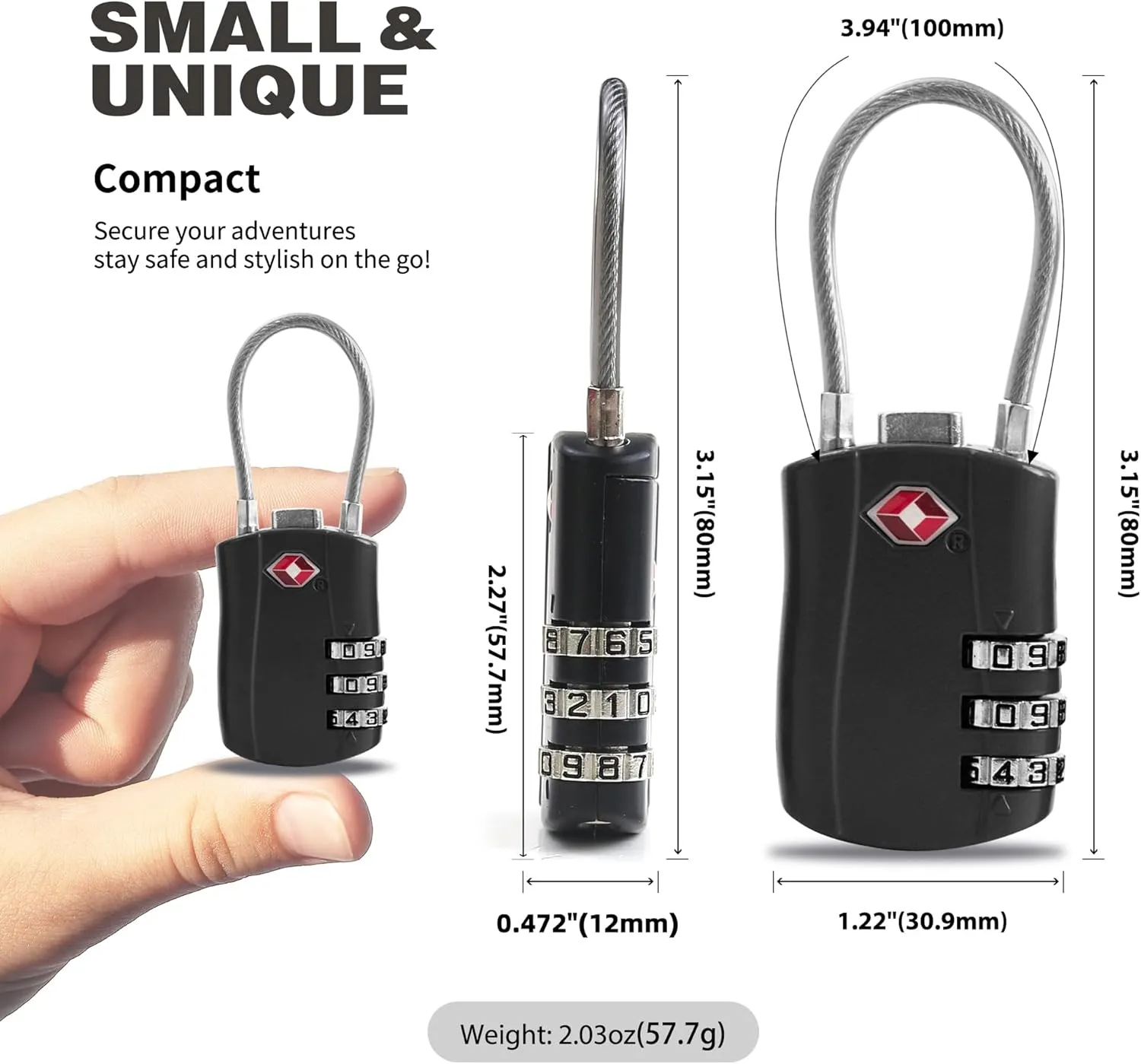 TSA Locks for Luggage, Small Padlock Combination with Cable, Luggage Locks TSA Approved, Combo Padlock with Code, for Travel Suitcase, Gym Locker, Gun Case, Backpack Zipper (Black Black)