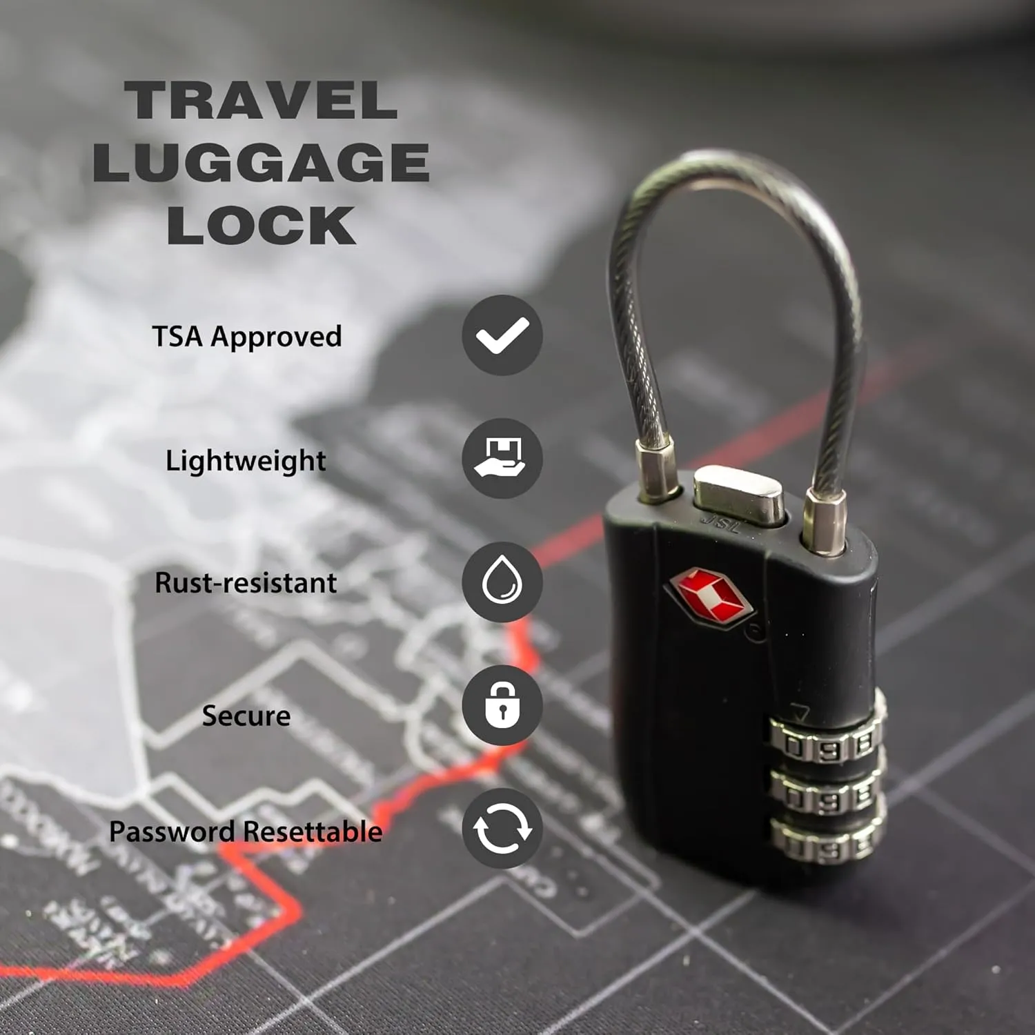 TSA Locks for Luggage, Small Padlock Combination with Cable, Luggage Locks TSA Approved, Combo Padlock with Code, for Travel Suitcase, Gym Locker, Gun Case, Backpack Zipper (Black Black)