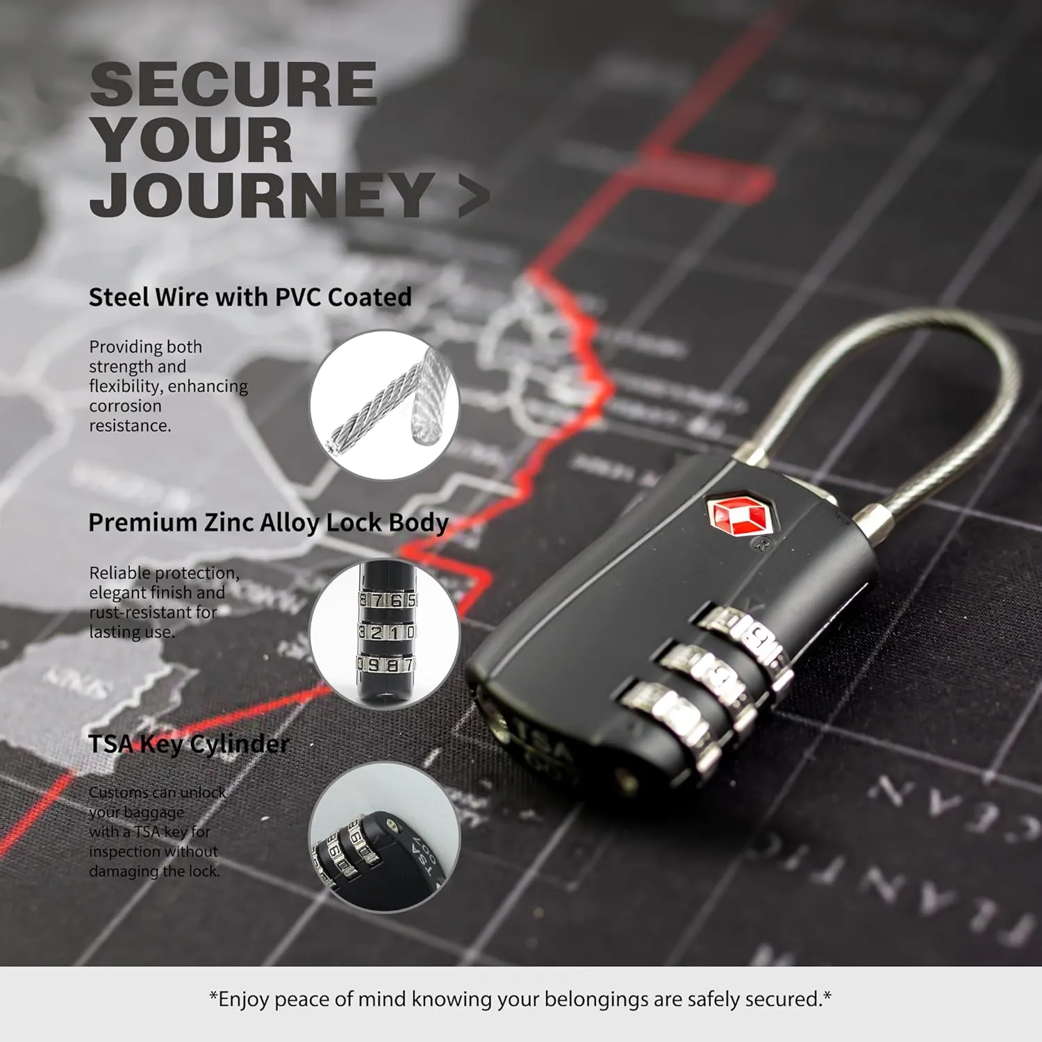 TSA Locks for Luggage, Small Padlock Combination with Cable, Luggage Locks TSA Approved, Combo Padlock with Code, for Travel Suitcase, Gym Locker, Gun Case, Backpack Zipper (Black Black)