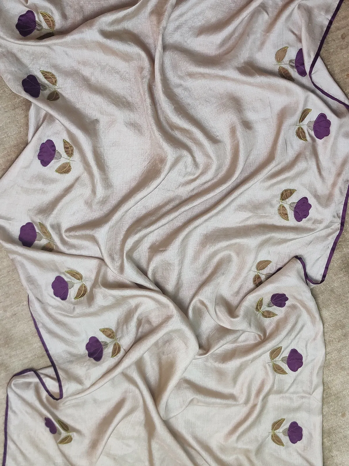 Tussar Silk Applique Beige Design Dupatta