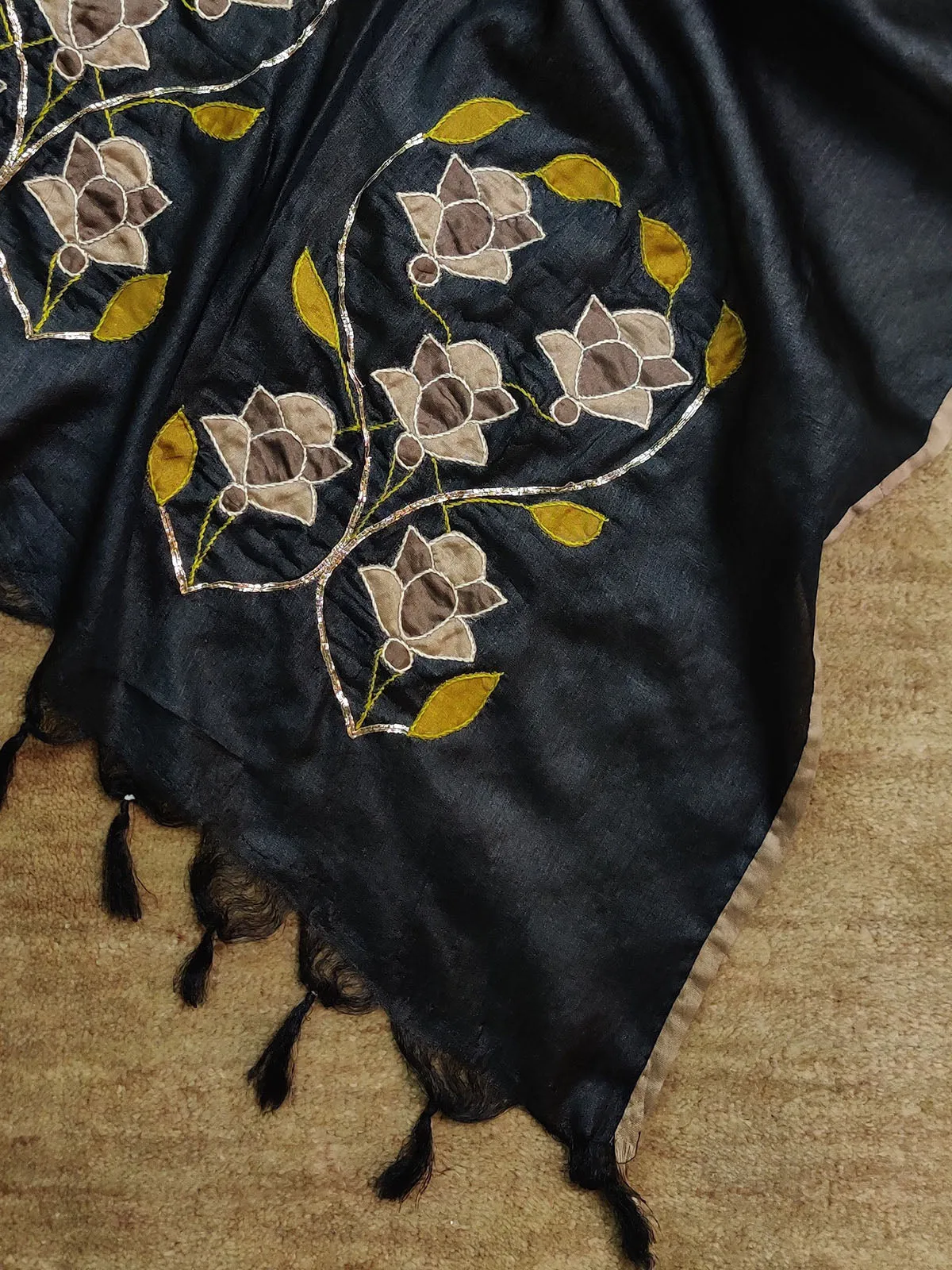 Tussar Silk Applique Black Dupatta