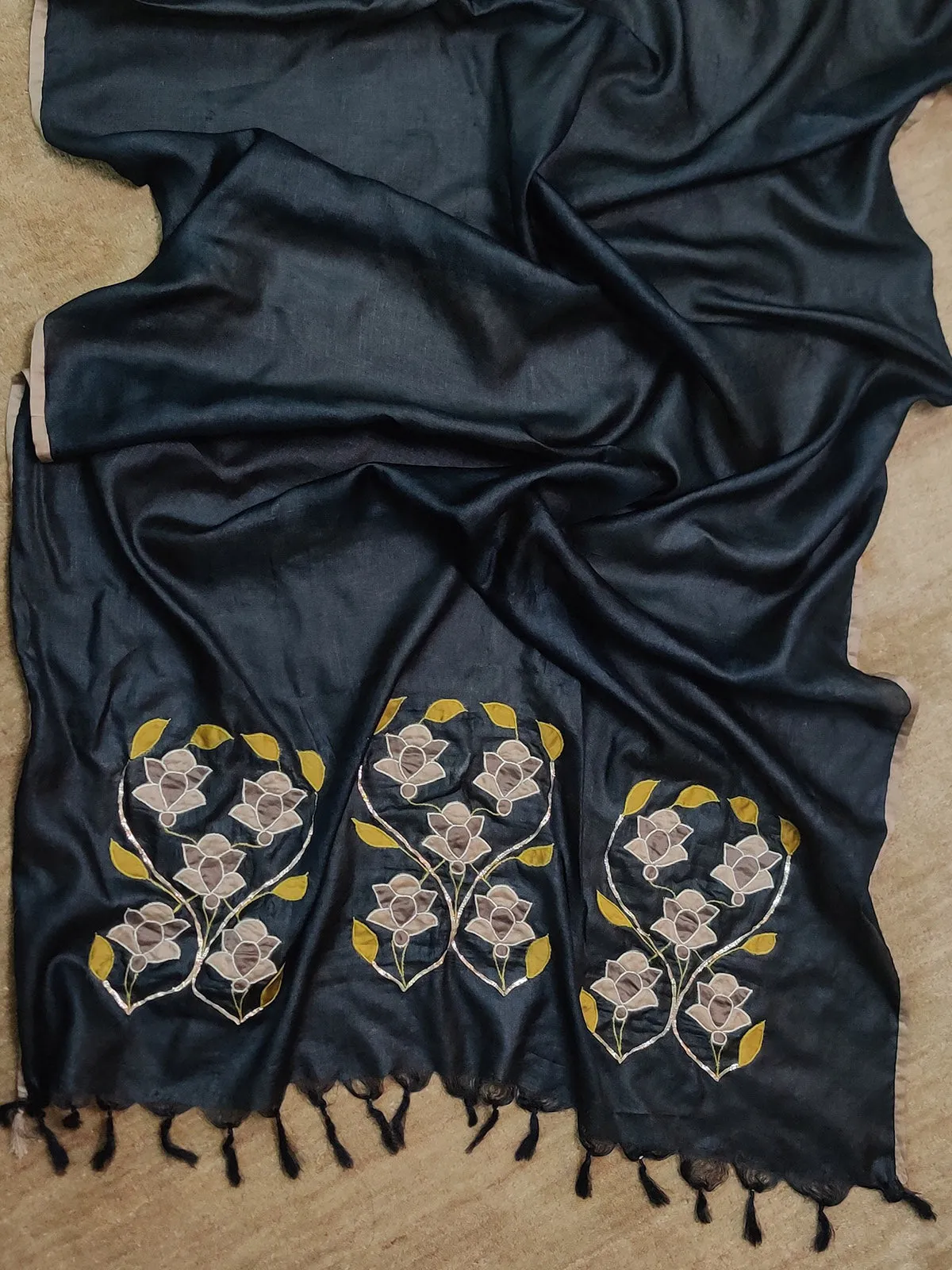 Tussar Silk Applique Black Dupatta