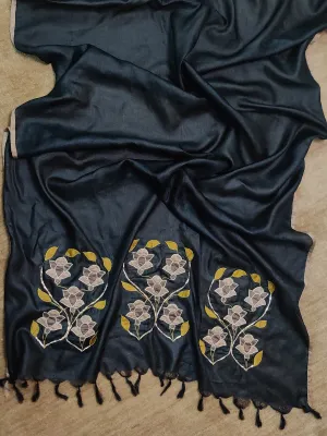 Tussar Silk Applique Black Dupatta