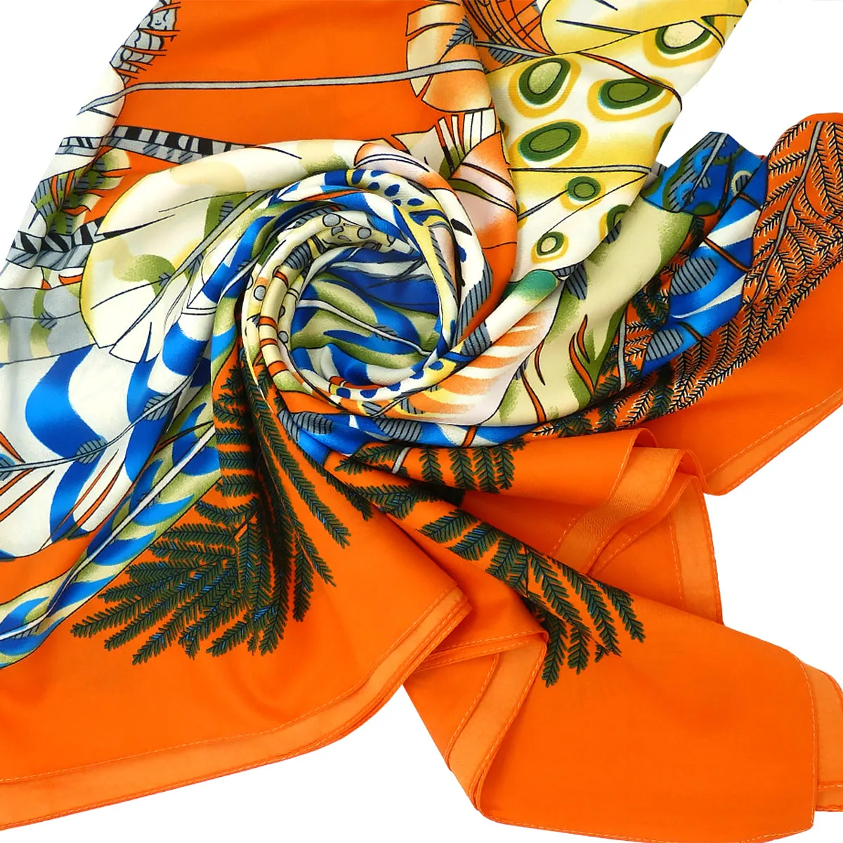 Twill Silk Scarf Women LARGE Feather Shawls Square Bandana Kerchief Foulards 51" Luxury Brand Look Orange