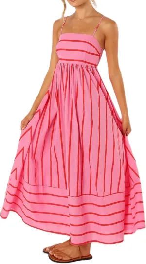 UAURORAO Women Summer Sleeveless Striped Maxi Dress Flowy Tie Shoulder Smocked Midi Dress Swing Backless Boho Beach Sundress