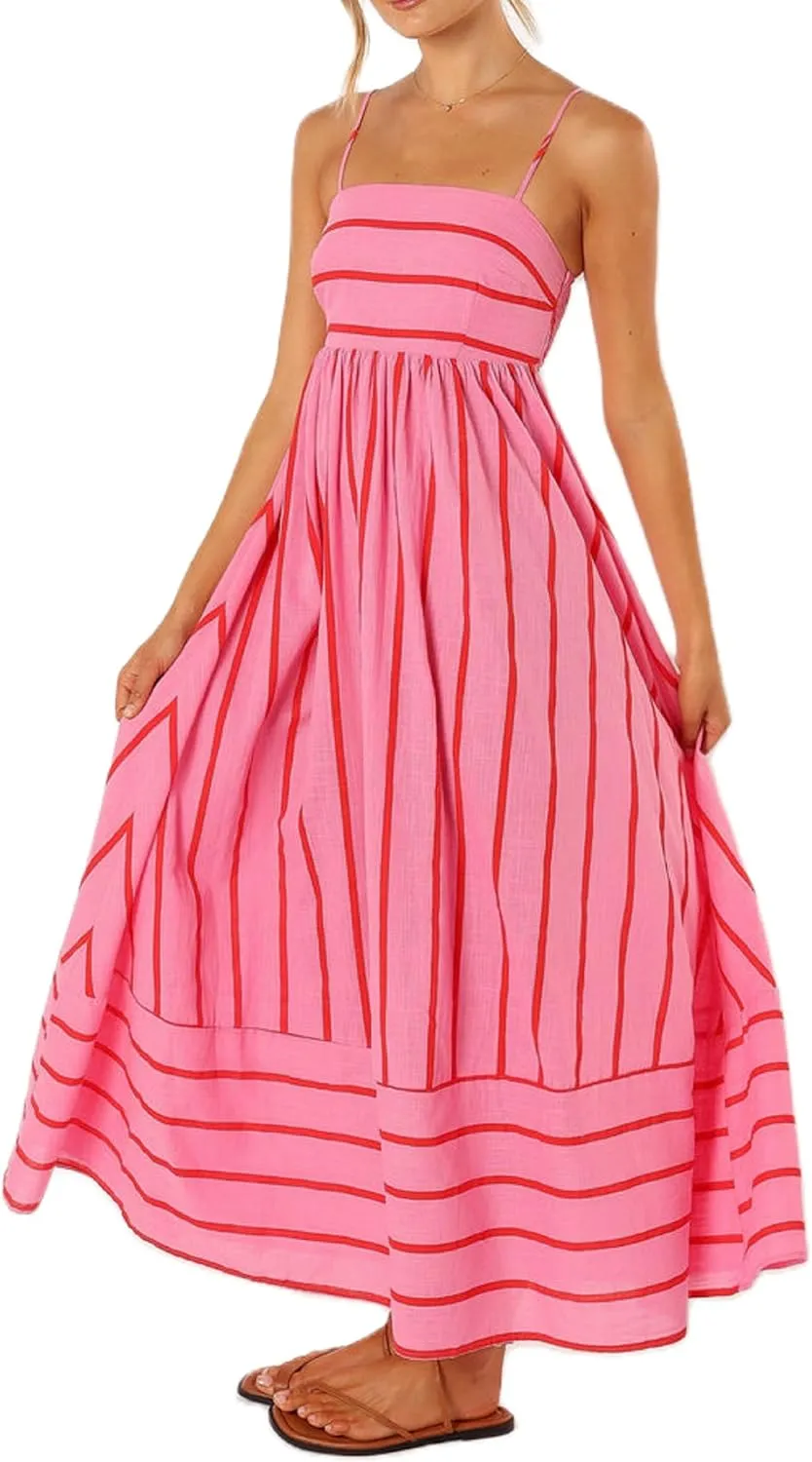 UAURORAO Women Summer Sleeveless Striped Maxi Dress Flowy Tie Shoulder Smocked Midi Dress Swing Backless Boho Beach Sundress