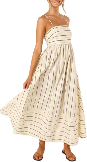 UAURORAO Women Summer Sleeveless Striped Maxi Dress Flowy Tie Shoulder Smocked Midi Dress Swing Backless Boho Beach Sundress
