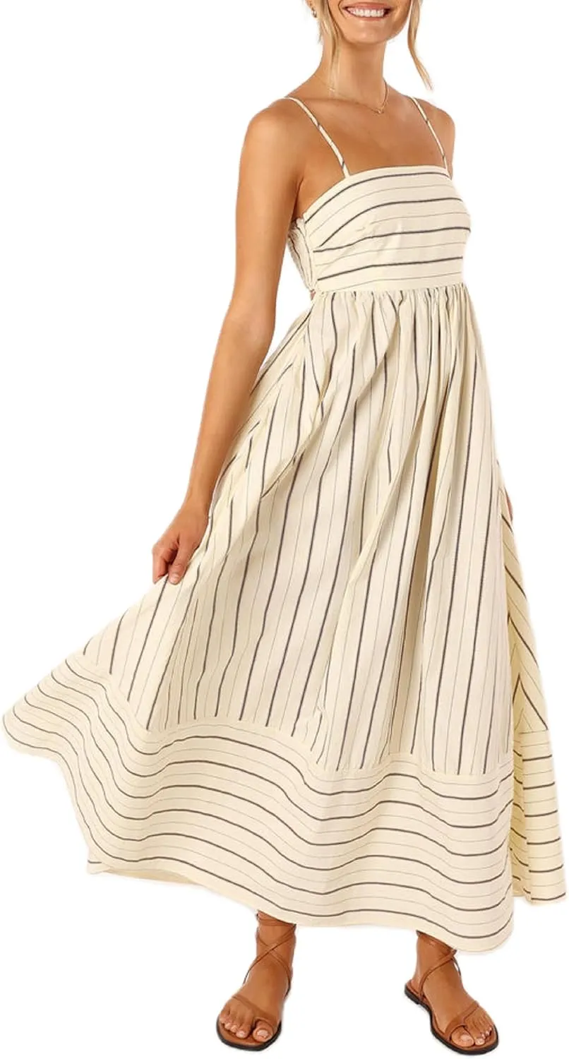 UAURORAO Women Summer Sleeveless Striped Maxi Dress Flowy Tie Shoulder Smocked Midi Dress Swing Backless Boho Beach Sundress