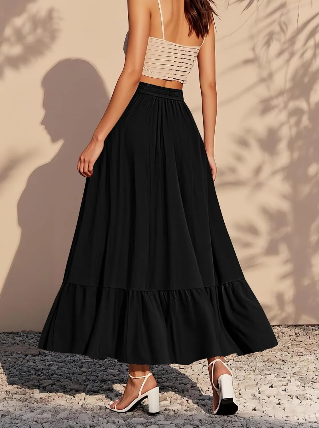 Urban CoCo Women's Boho Flowy Maxi Skirt Elastic Waisted A-Line Summer Beach Skirts with Pockets
