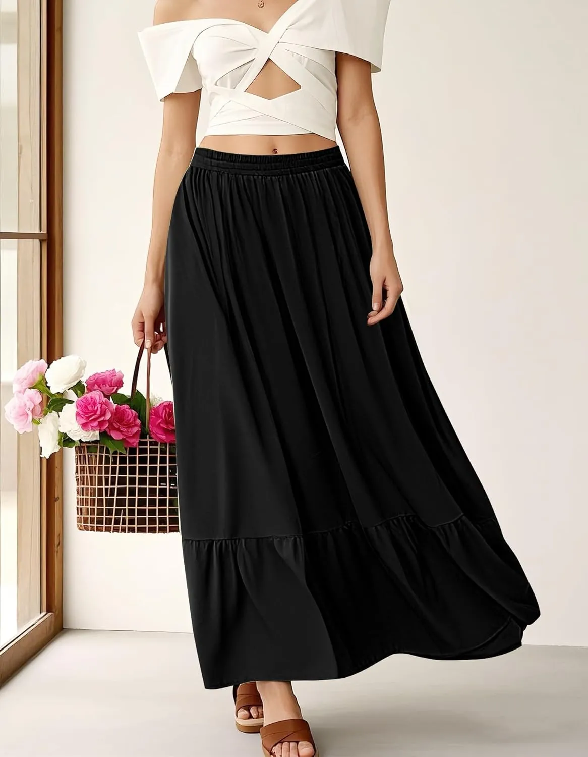 Urban CoCo Women's Boho Flowy Maxi Skirt Elastic Waisted A-Line Summer Beach Skirts with Pockets