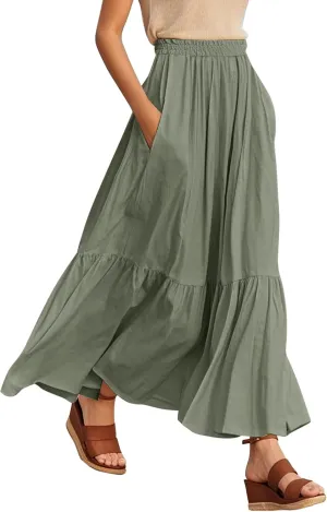Urban CoCo Women's Boho Flowy Maxi Skirt Elastic Waisted A-Line Summer Beach Skirts with Pockets