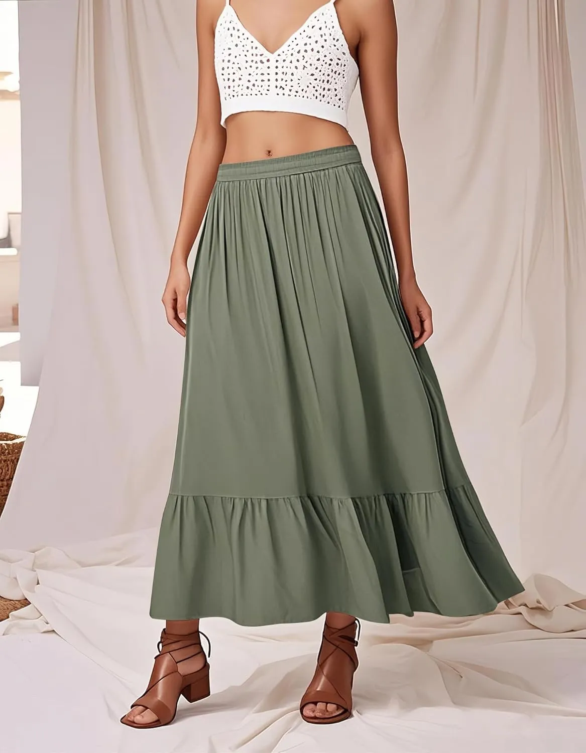 Urban CoCo Women's Boho Flowy Maxi Skirt Elastic Waisted A-Line Summer Beach Skirts with Pockets