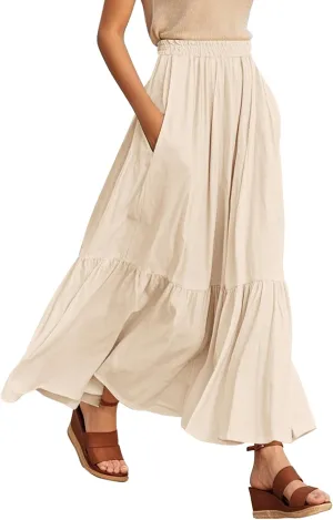 Urban CoCo Women's Boho Flowy Maxi Skirt Elastic Waisted A-Line Summer Beach Skirts with Pockets