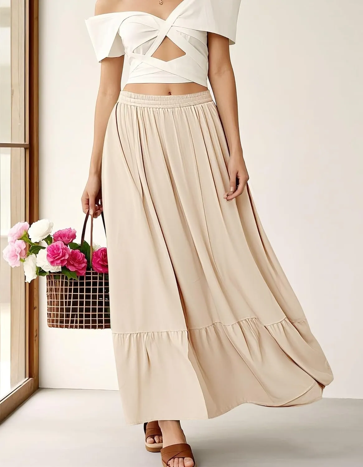 Urban CoCo Women's Boho Flowy Maxi Skirt Elastic Waisted A-Line Summer Beach Skirts with Pockets