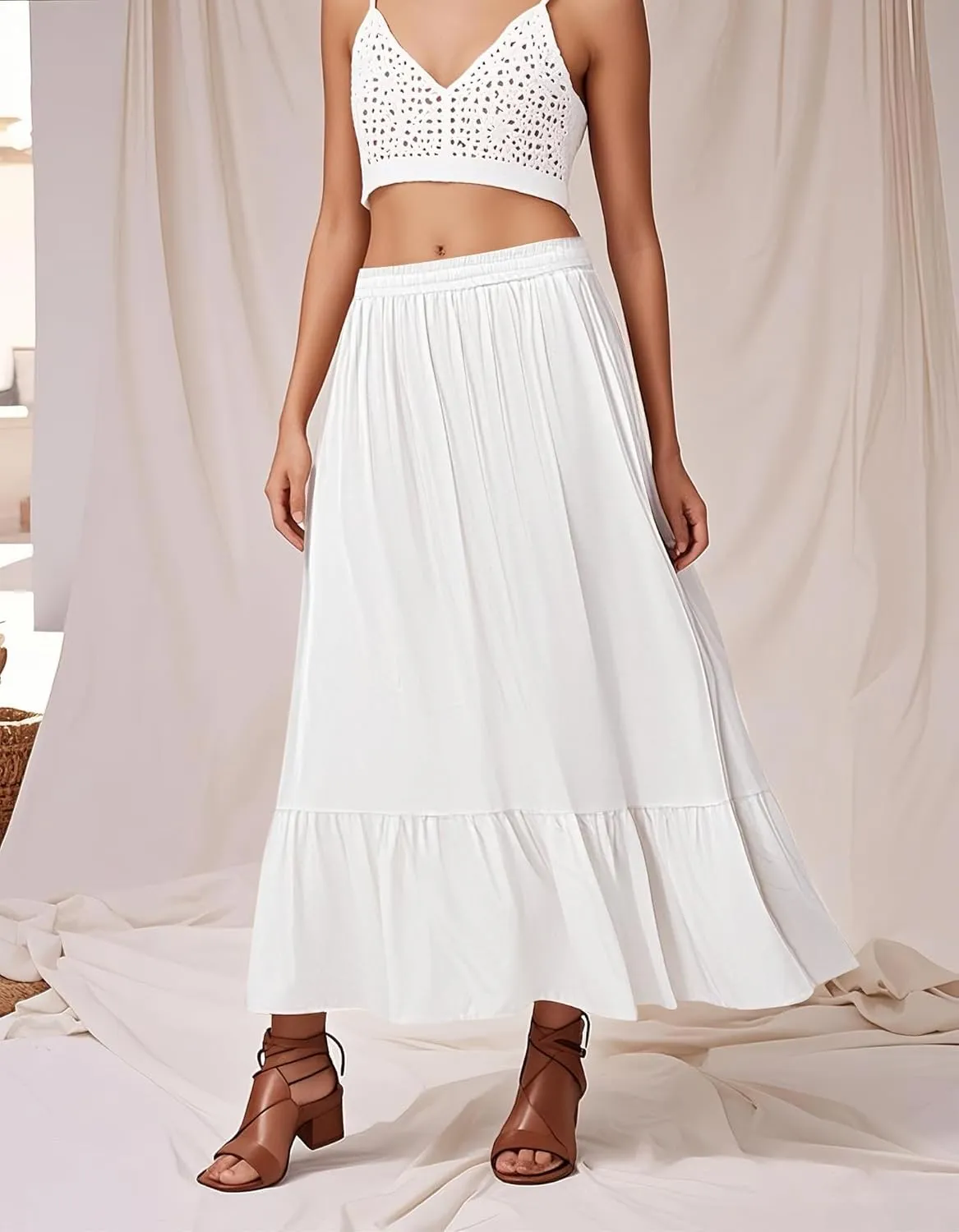 Urban CoCo Women's Boho Flowy Maxi Skirt Elastic Waisted A-Line Summer Beach Skirts with Pockets