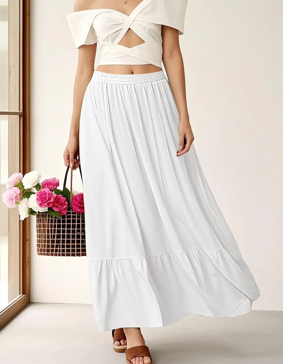 Urban CoCo Women's Boho Flowy Maxi Skirt Elastic Waisted A-Line Summer Beach Skirts with Pockets
