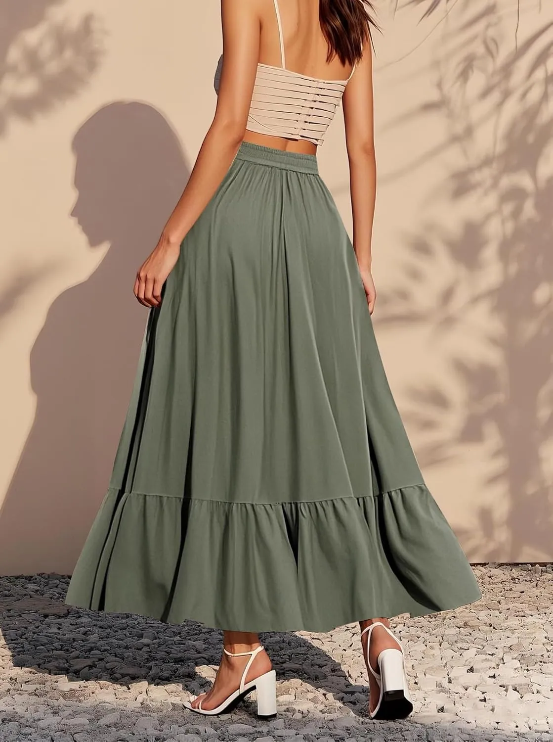 Urban CoCo Women's Boho Flowy Maxi Skirt Elastic Waisted A-Line Summer Beach Skirts with Pockets
