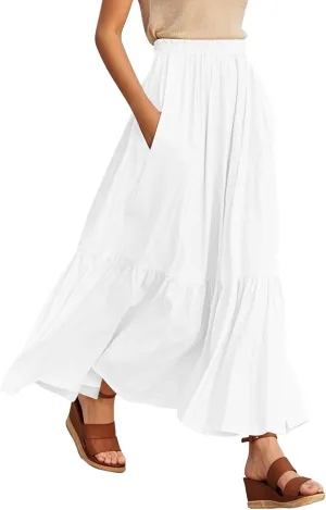 Urban CoCo Women's Boho Flowy Maxi Skirt Elastic Waisted A-Line Summer Beach Skirts with Pockets