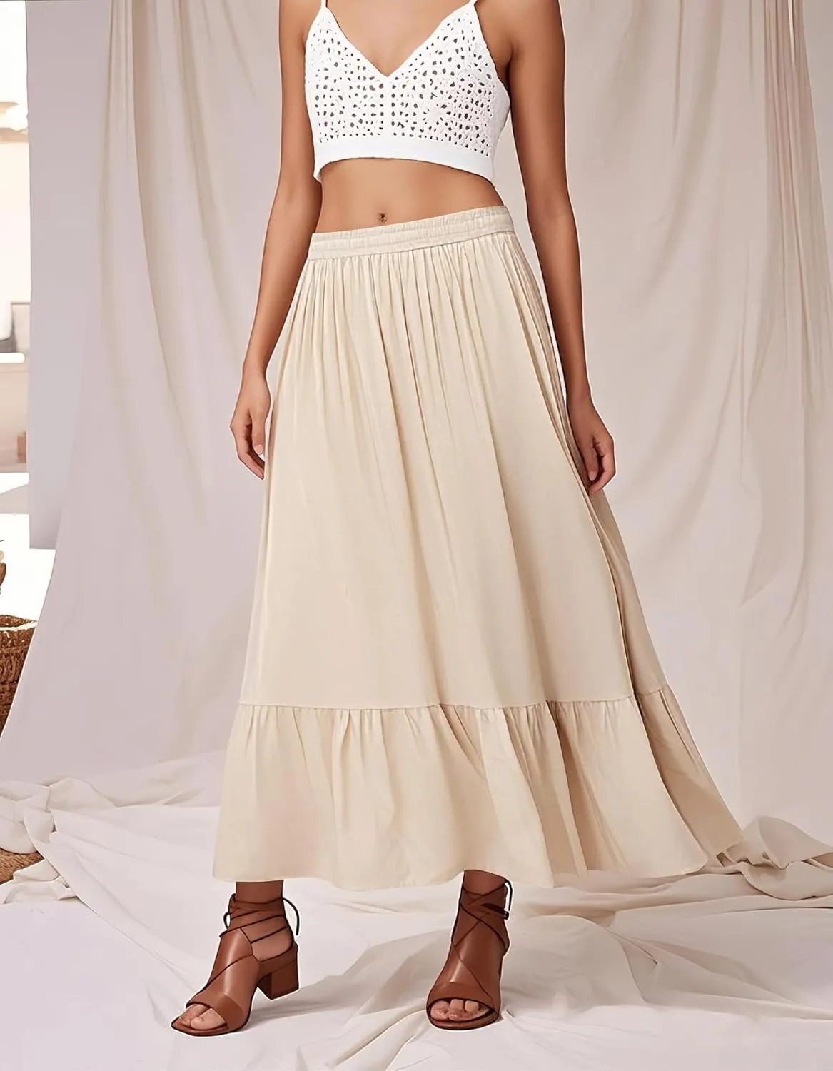 Urban CoCo Women's Boho Flowy Maxi Skirt Elastic Waisted A-Line Summer Beach Skirts with Pockets