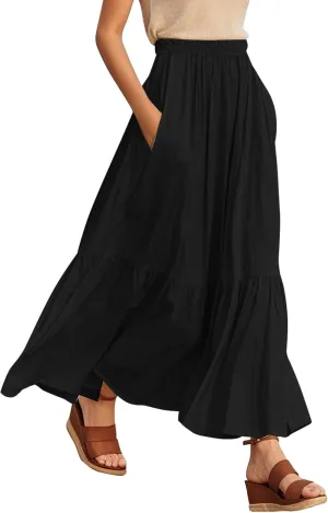 Urban CoCo Women's Boho Flowy Maxi Skirt Elastic Waisted A-Line Summer Beach Skirts with Pockets