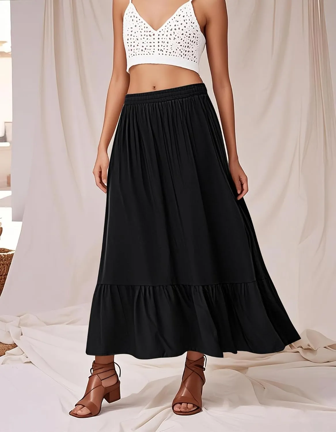 Urban CoCo Women's Boho Flowy Maxi Skirt Elastic Waisted A-Line Summer Beach Skirts with Pockets