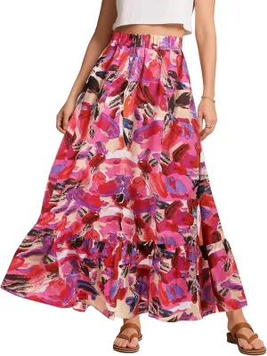 Urban CoCo Women's Flowy Boho Summer Elastic Waist A-Line Ruffle Hem Maxi Skirt with Side Pockets