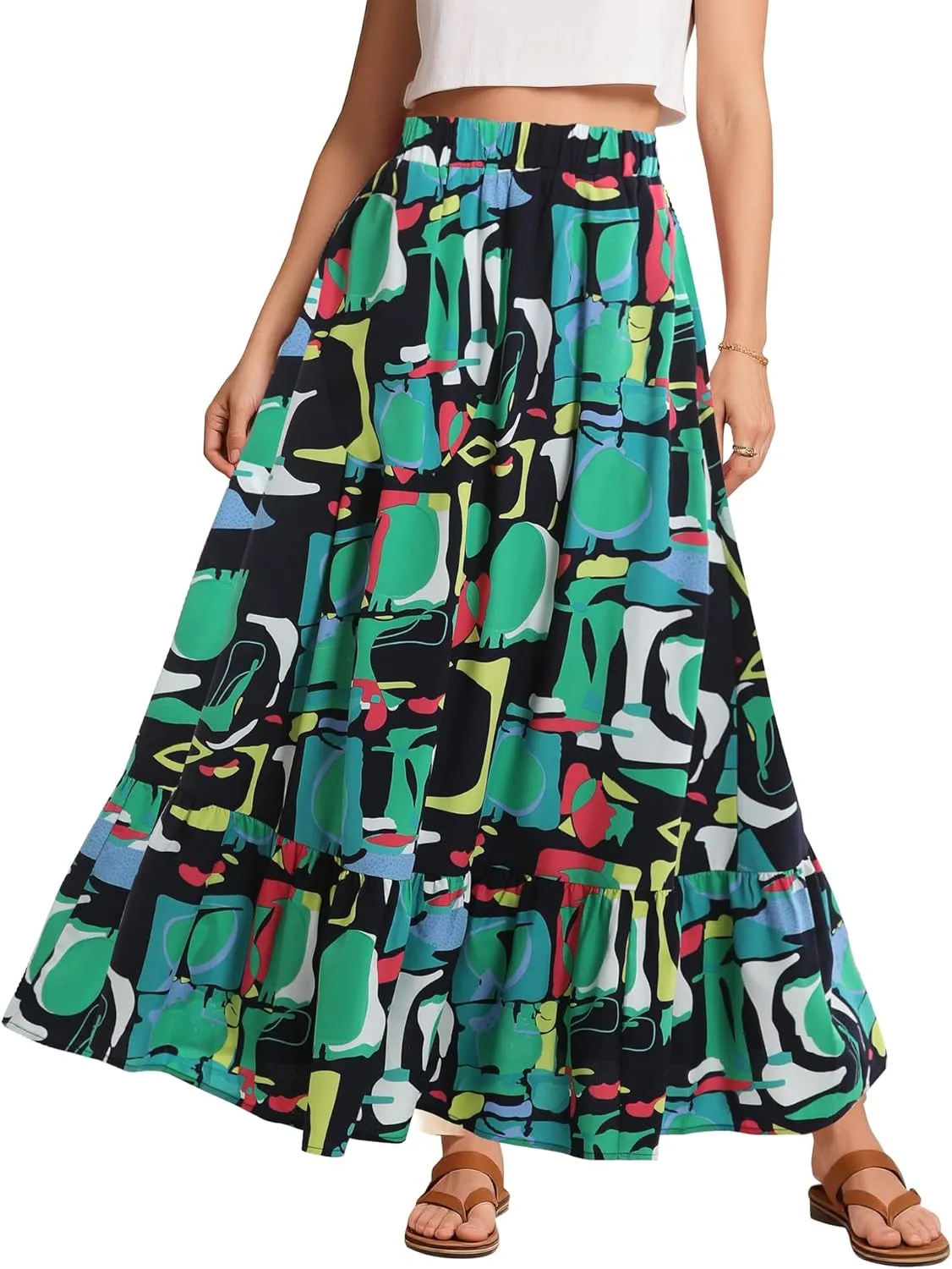 Urban CoCo Women's Flowy Boho Summer Elastic Waist A-Line Ruffle Hem Maxi Skirt with Side Pockets