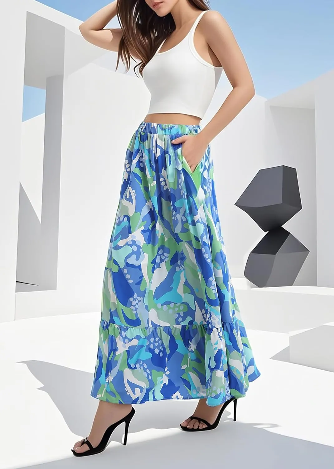 Urban CoCo Women's Flowy Boho Summer Elastic Waist A-Line Ruffle Hem Maxi Skirt with Side Pockets
