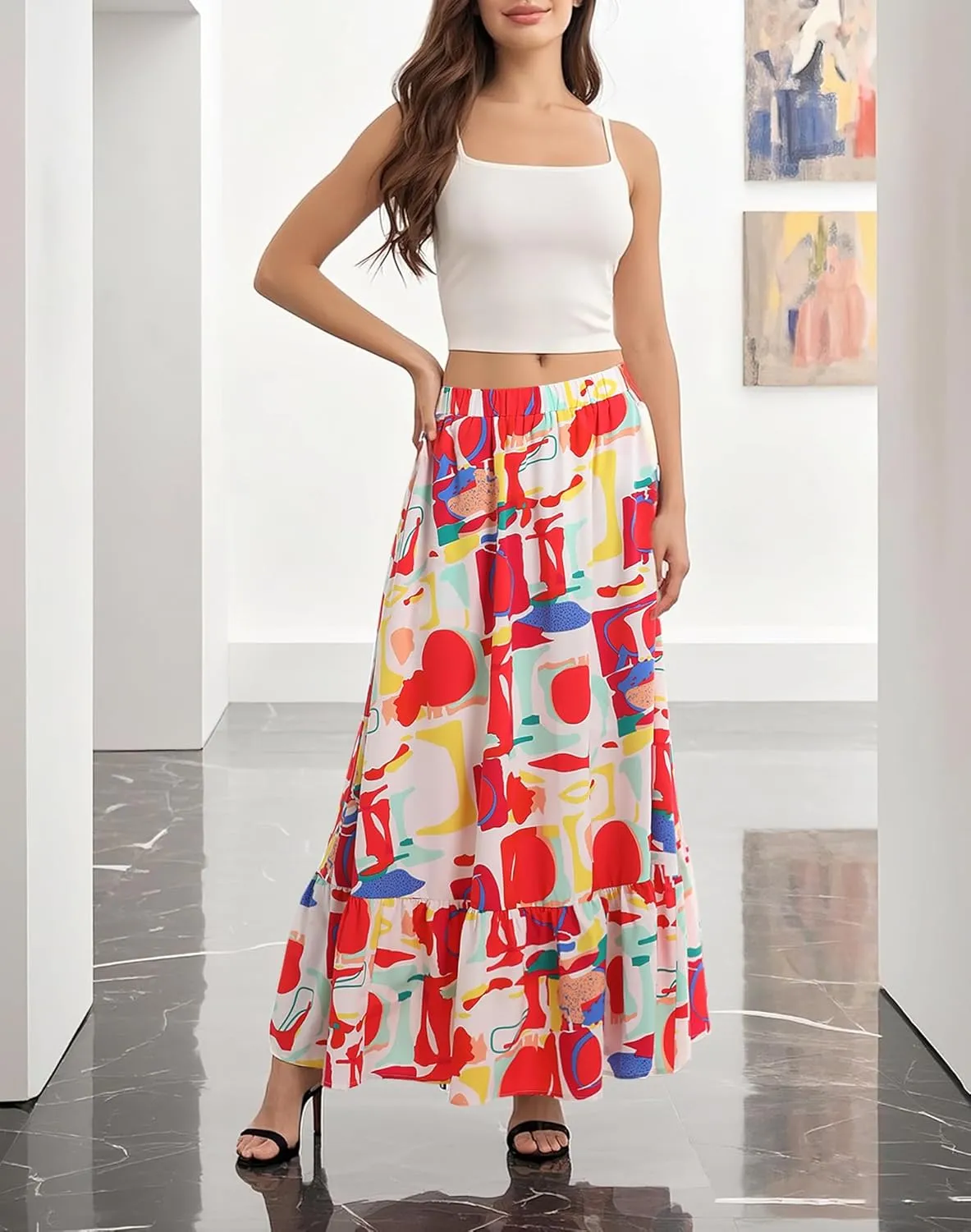 Urban CoCo Women's Flowy Boho Summer Elastic Waist A-Line Ruffle Hem Maxi Skirt with Side Pockets