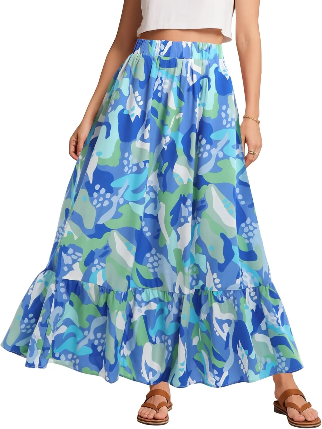 Urban CoCo Women's Flowy Boho Summer Elastic Waist A-Line Ruffle Hem Maxi Skirt with Side Pockets