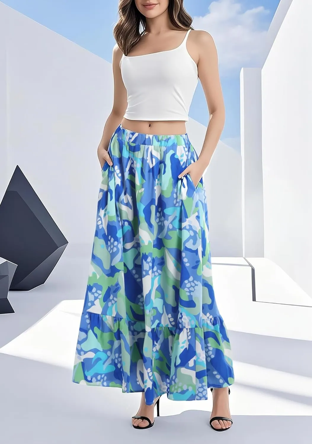 Urban CoCo Women's Flowy Boho Summer Elastic Waist A-Line Ruffle Hem Maxi Skirt with Side Pockets