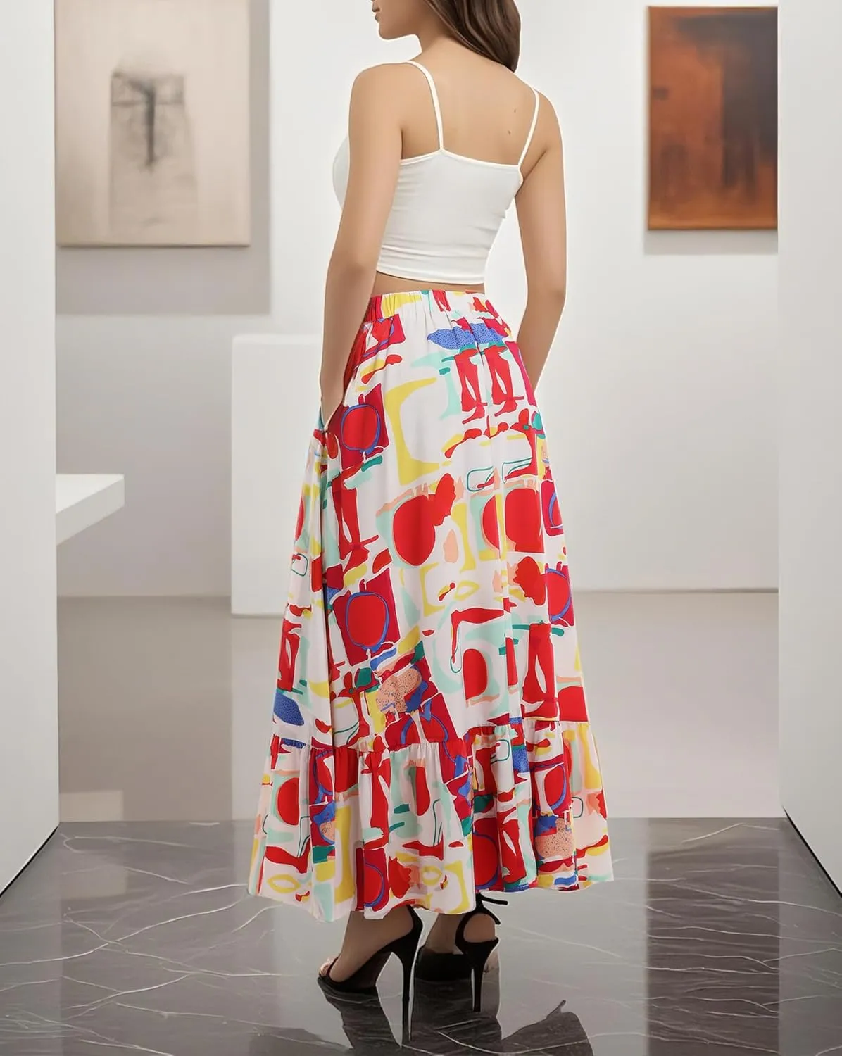 Urban CoCo Women's Flowy Boho Summer Elastic Waist A-Line Ruffle Hem Maxi Skirt with Side Pockets