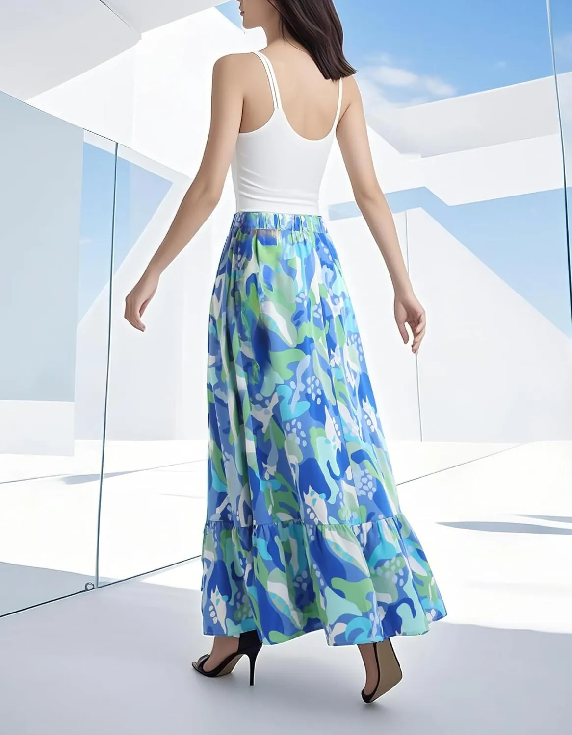 Urban CoCo Women's Flowy Boho Summer Elastic Waist A-Line Ruffle Hem Maxi Skirt with Side Pockets