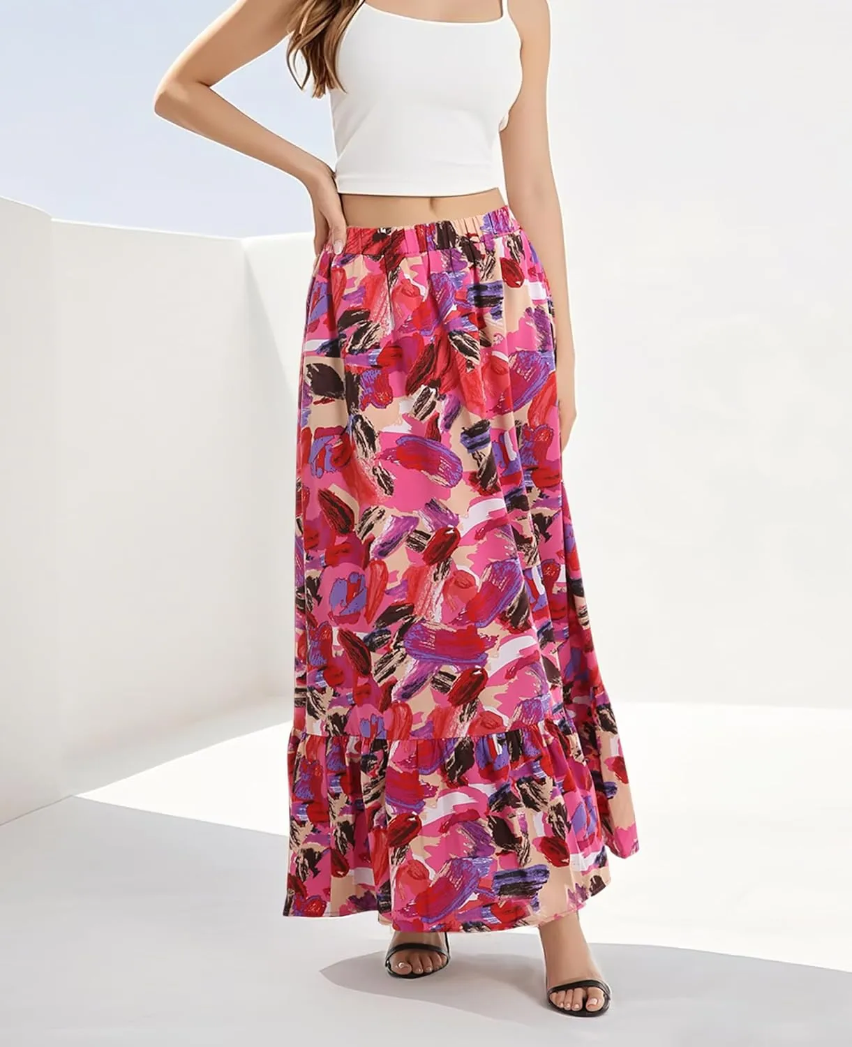 Urban CoCo Women's Flowy Boho Summer Elastic Waist A-Line Ruffle Hem Maxi Skirt with Side Pockets