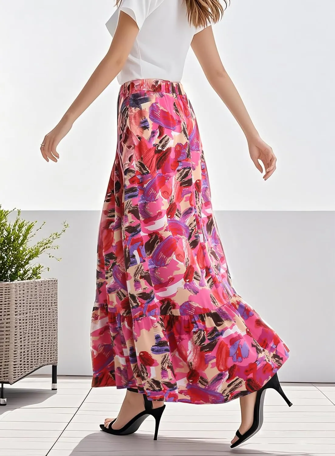Urban CoCo Women's Flowy Boho Summer Elastic Waist A-Line Ruffle Hem Maxi Skirt with Side Pockets