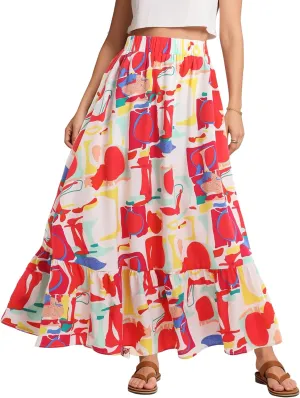 Urban CoCo Women's Flowy Boho Summer Elastic Waist A-Line Ruffle Hem Maxi Skirt with Side Pockets