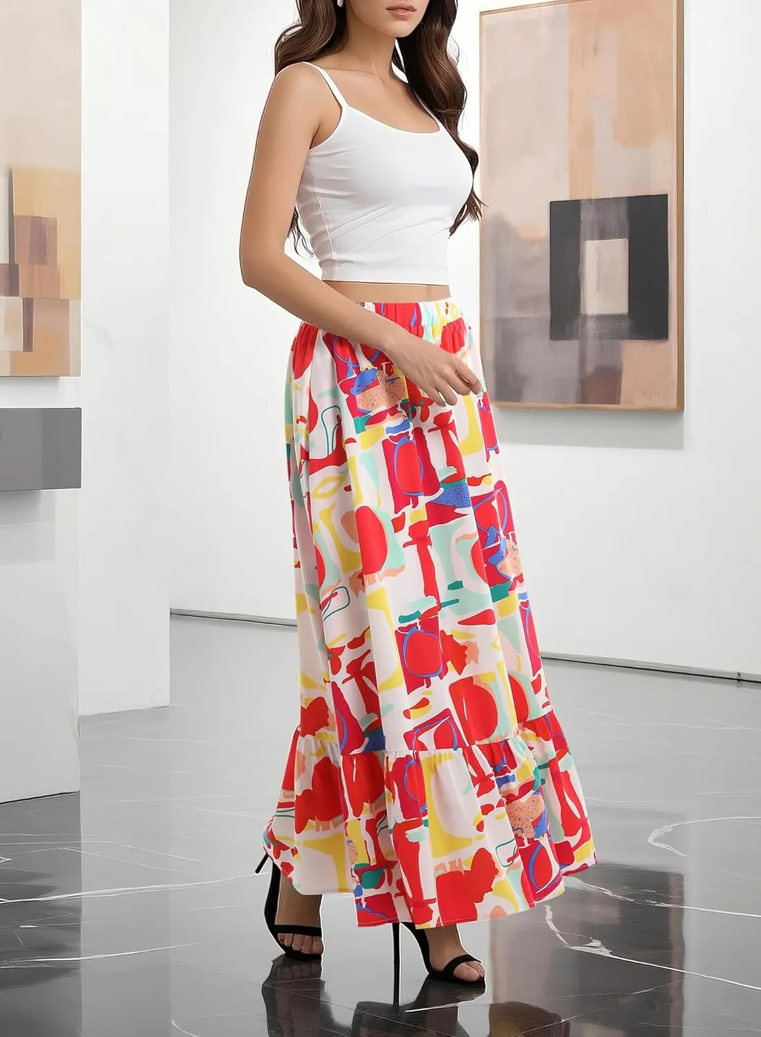 Urban CoCo Women's Flowy Boho Summer Elastic Waist A-Line Ruffle Hem Maxi Skirt with Side Pockets