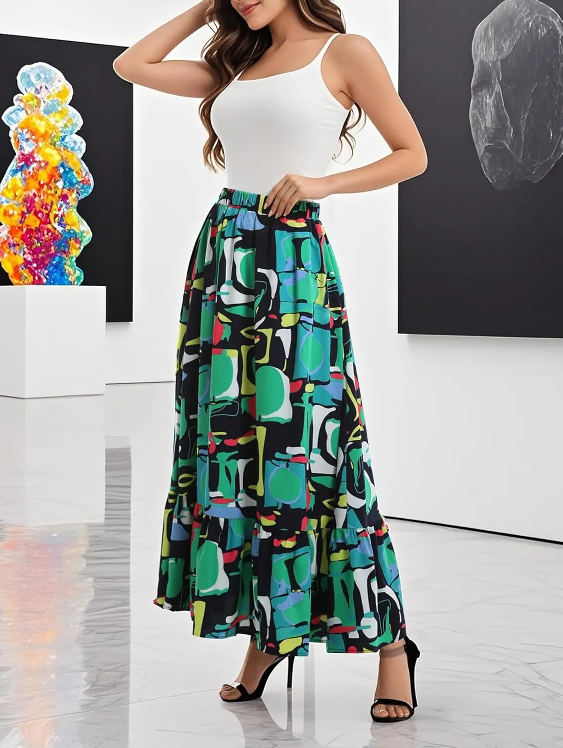 Urban CoCo Women's Flowy Boho Summer Elastic Waist A-Line Ruffle Hem Maxi Skirt with Side Pockets