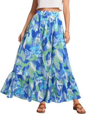 Urban CoCo Women's Flowy Boho Summer Elastic Waist A-Line Ruffle Hem Maxi Skirt with Side Pockets