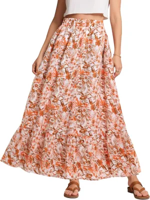 Urban CoCo Women's Flowy Boho Summer Elastic Waist A-Line Ruffle Hem Maxi Skirt with Side Pockets