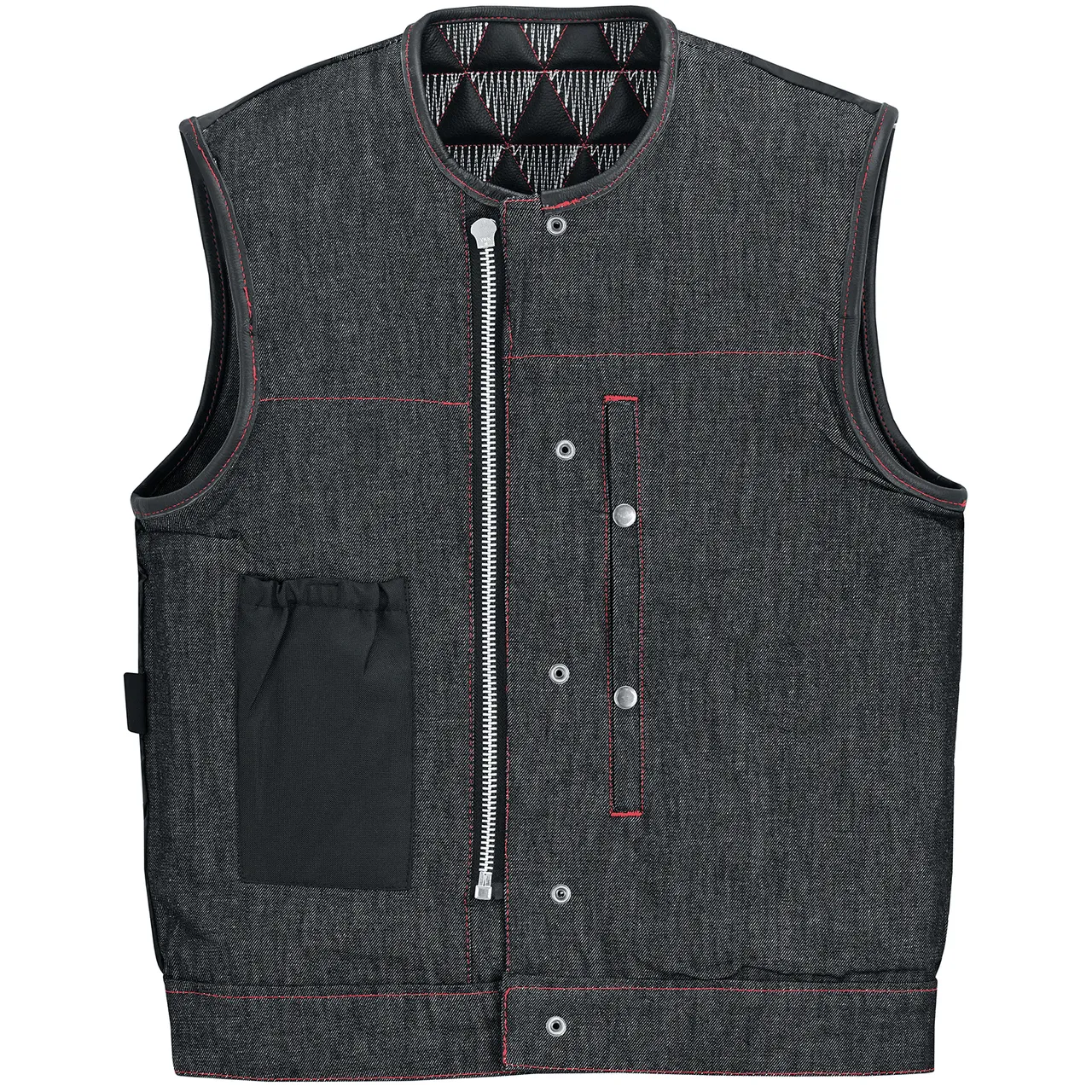 VB927RW Men's Denim & Leather Motorcycle Vest with Conceal Carry Pockets, SOA Biker Club Vest Red & White Stitching