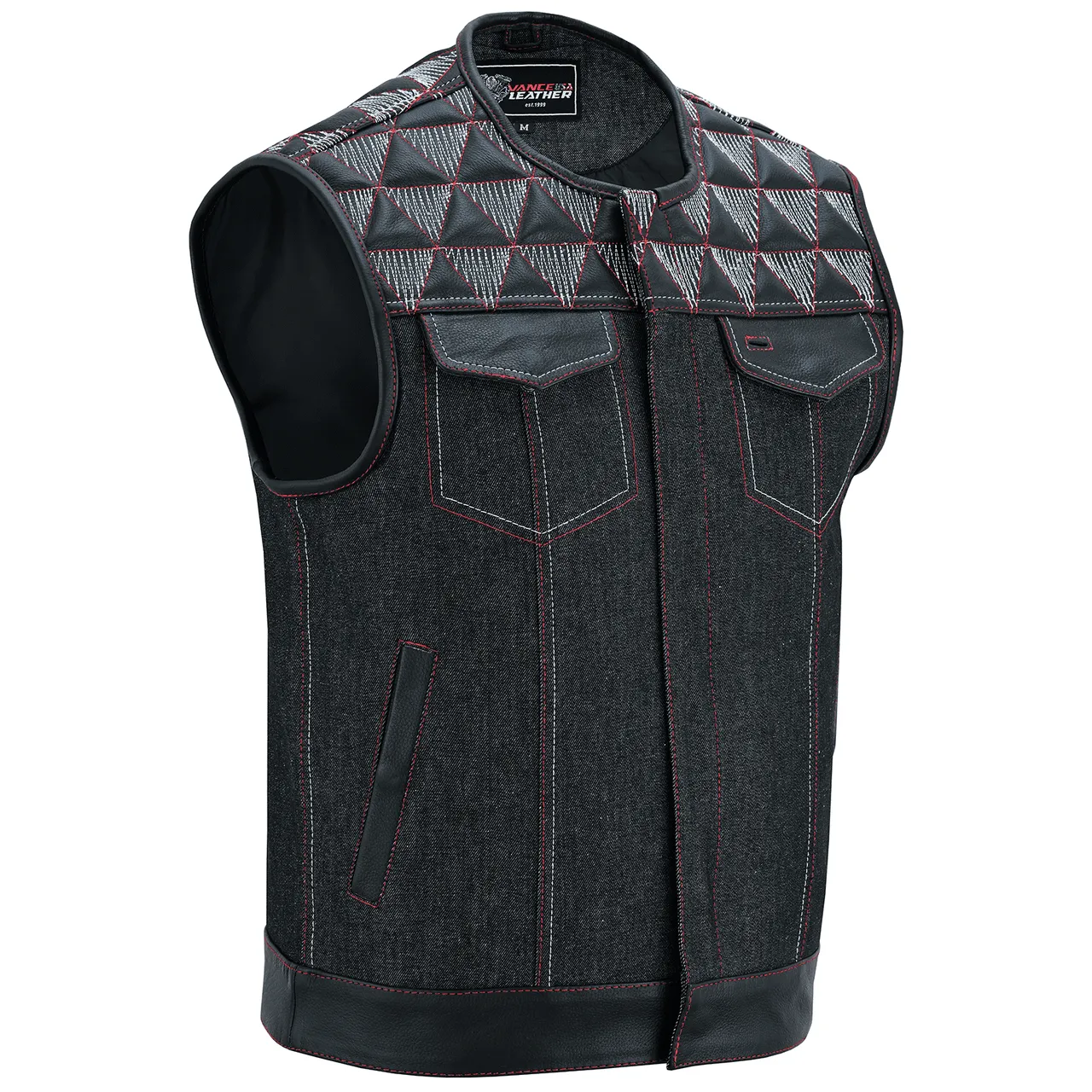 VB927RW Men's Denim & Leather Motorcycle Vest with Conceal Carry Pockets, SOA Biker Club Vest Red & White Stitching