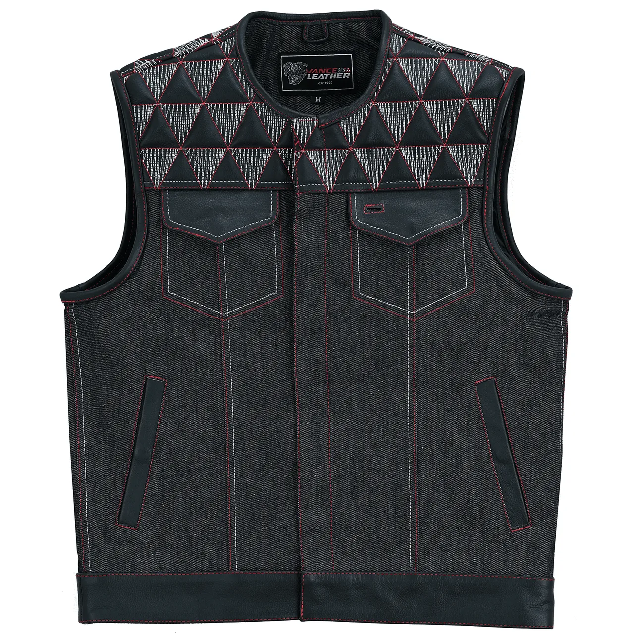 VB927RW Men's Denim & Leather Motorcycle Vest with Conceal Carry Pockets, SOA Biker Club Vest Red & White Stitching