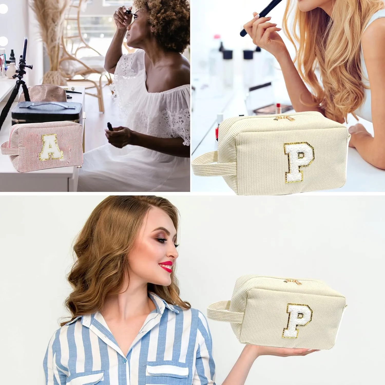 Veki Preppy Makeup Bag for Women, Personalized Initial Letter Cosmetic Bags with Zipper, Chenille Small Toiletry Patch Pouch, Cute Make up Bag Organizer for Teen Girls Birthday Gifts Teacher (Beige,D)