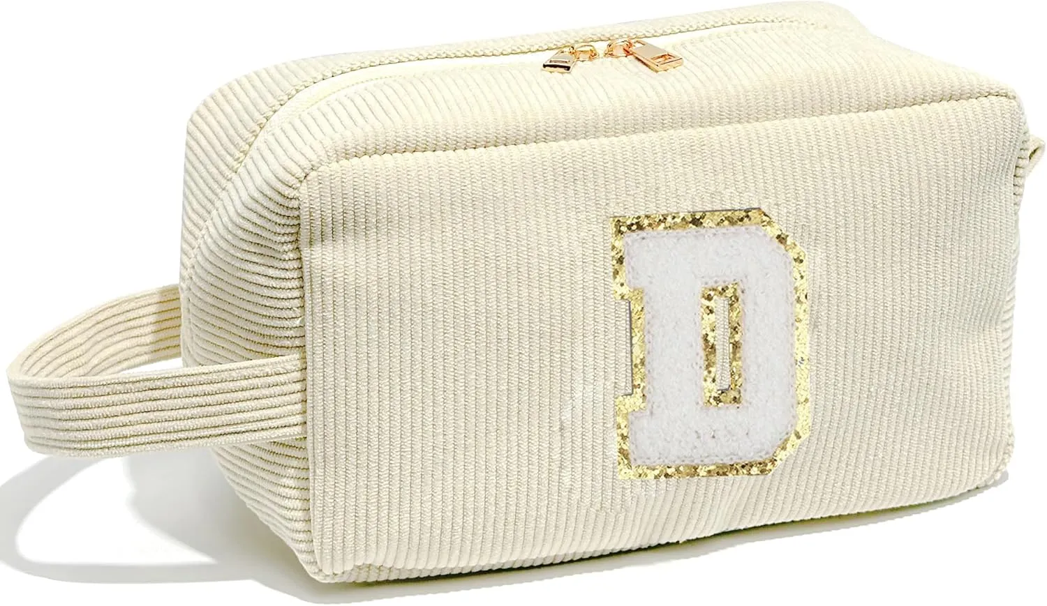Veki Preppy Makeup Bag for Women, Personalized Initial Letter Cosmetic Bags with Zipper, Chenille Small Toiletry Patch Pouch, Cute Make up Bag Organizer for Teen Girls Birthday Gifts Teacher (Beige,D)