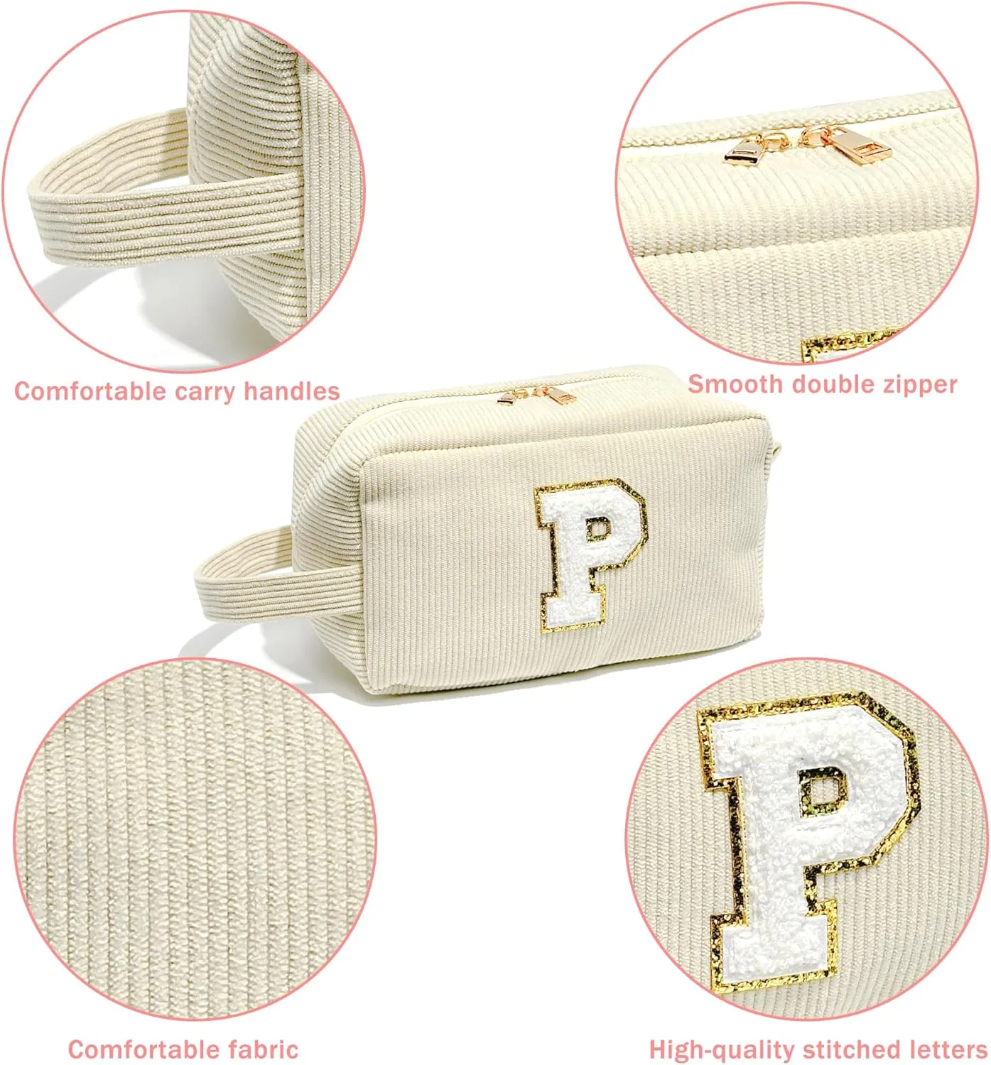 Veki Preppy Makeup Bag for Women, Personalized Initial Letter Cosmetic Bags with Zipper, Chenille Small Toiletry Patch Pouch, Cute Make up Bag Organizer for Teen Girls Birthday Gifts Teacher (Beige,D)