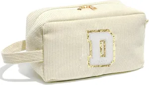 Veki Preppy Makeup Bag for Women, Personalized Initial Letter Cosmetic Bags with Zipper, Chenille Small Toiletry Patch Pouch, Cute Make up Bag Organizer for Teen Girls Birthday Gifts Teacher (Beige,D)
